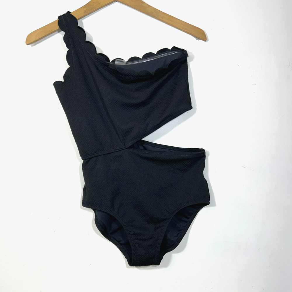 Old Navy Girls XL 14 One Shoulder One Piece Swimsuit Black Scallop Trim